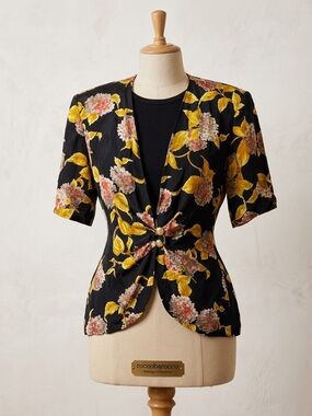 Women’s XXL Roccobarocco Black Floral Knot-Front Blazer top 100% silk